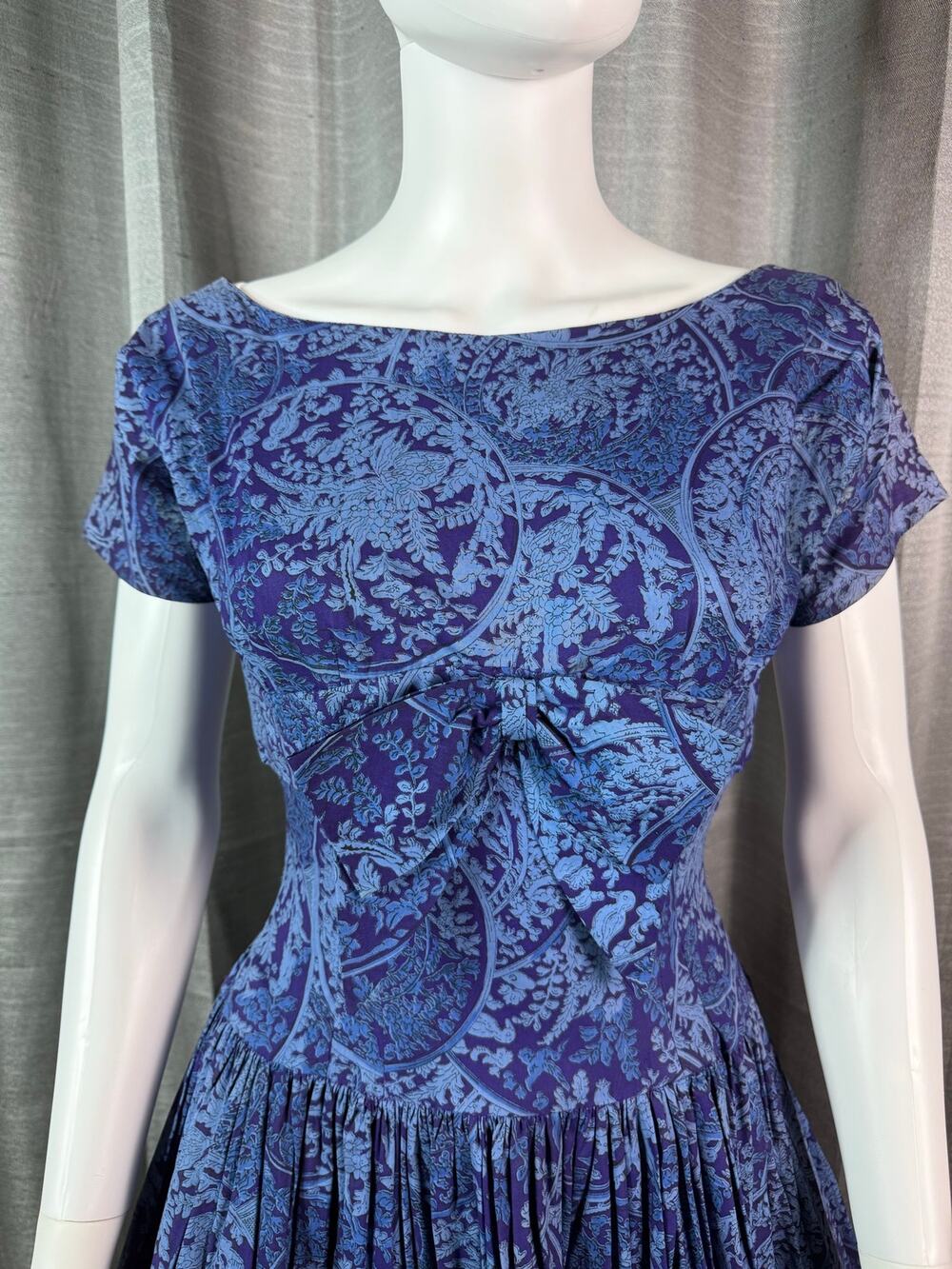 Vintage 50s Blue Cotton Paisley Floral Party Dress